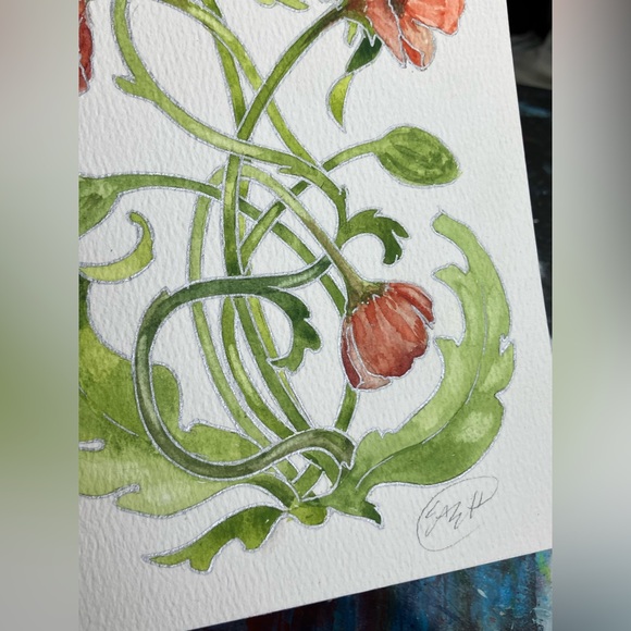 Original Poppies floral watercolor painting handmade artwork nouveau decor EAEH - Picture 7 of 9